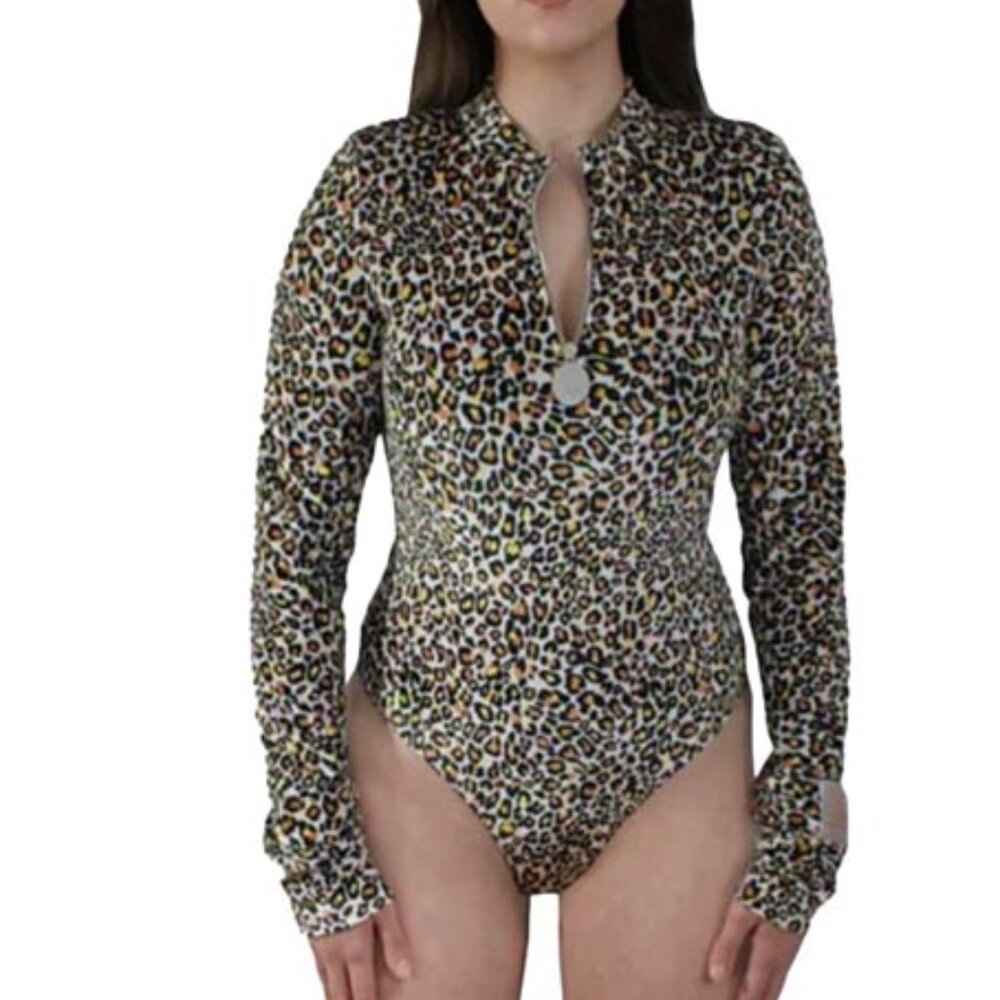 Women’s Long Sleeve Cheetah Bodysuit Stretch Top Multi Color Leopard Print